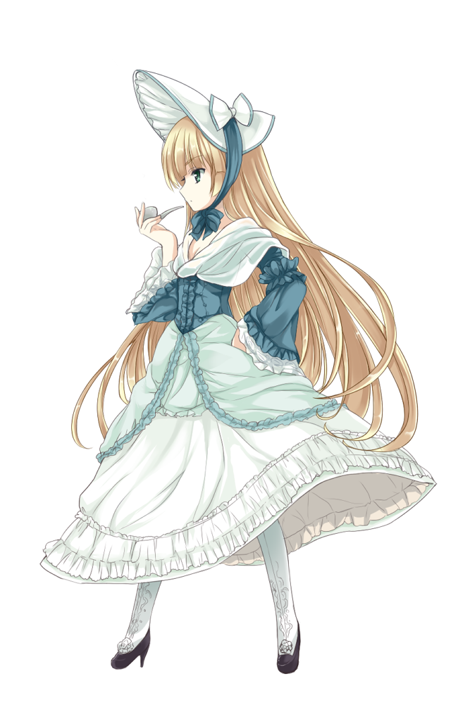 blonde_hair bonnet dress full_body gosick gown hand_on_hip hat high_heels long_hair petticoat pipe r-type_nirvana shoes solo souryuu very_long_hair victorian victorica_de_blois