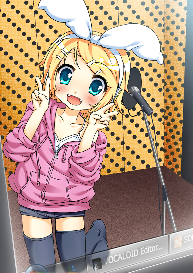 1girl aqua_eyes blonde_hair blush broiler fang female hair_ribbon happy hood hoodie indoors kagamine_rin loli looking_at_viewer microphone open_mouth recording_booth ribbon screen smile solo stars_in_eyes teen teenage thighhighs v vocaloid