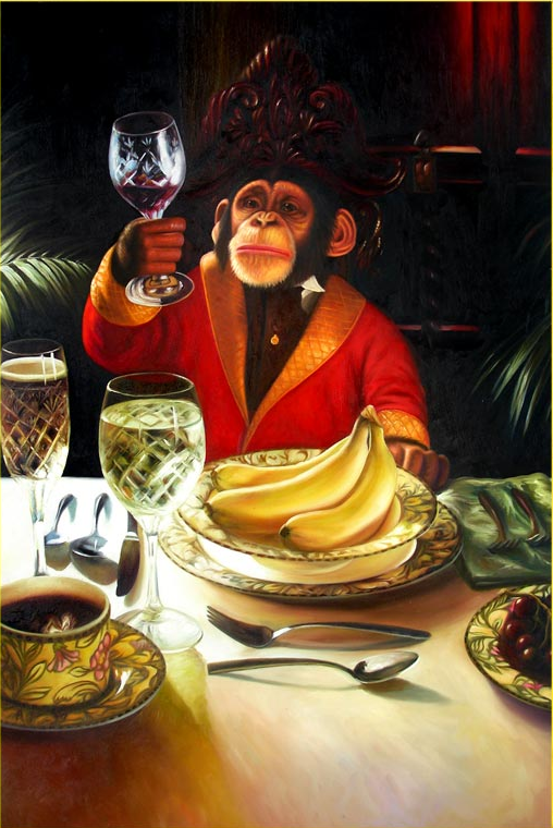ape banana bananas beverage bowl chair champagne cherries cherry chimpanzee clothing coffee cup dinner fork fruit glass knife mammal monkey napkin plate primate saucer spoon tea unknown_artist water wine