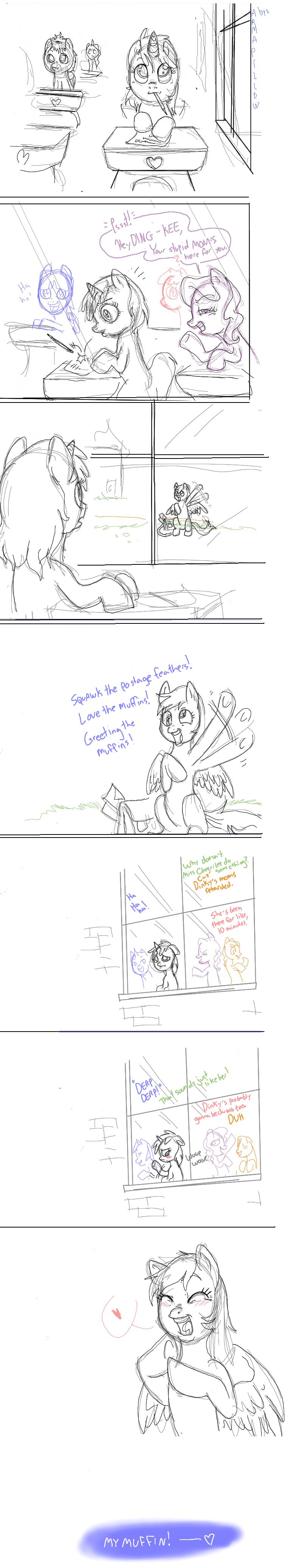 black_and_white blush comic cute derpy_hooves_(mlp) dialog dinky_(mlp) dinky_hooves_(mlp) english_text equine female feral friendship_is_magic group hi_res horn horse mail mammal monochrome mother my_little_pony parent pegasus pony retarded sketch text unicorn unknown_artist window wings