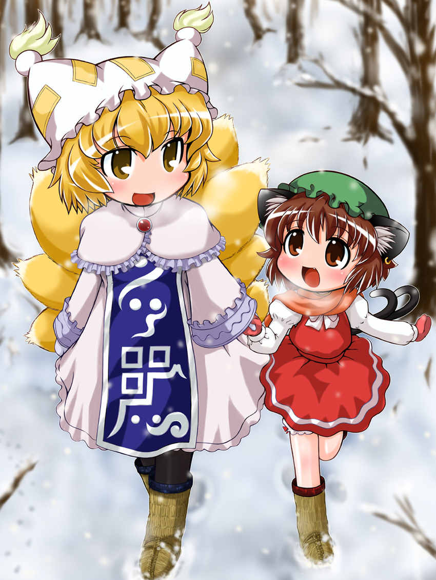 animal_ears black_legwear blonde_hair boots brown_eyes brown_hair cat_ears cat_tail chen earrings fox_tail hat jewelry mittens multiple_girls multiple_tails pantyhose scarf short_hair tachikawa tail touhou winter_clothes yakumo_ran yellow_eyes