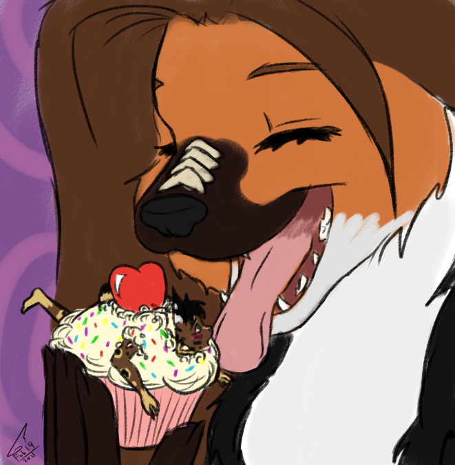 &hearts; &lt;3 blush brown_hair canine cat cupcake cute eating eyes_closed feline female fingers food hair happy head holidays icing kyuushi lynx male mammal maned_wolf mi micro open_maw shocked size_difference sprinkles tail teeth tongue trapped valentine's_day valentines_day vore wolf