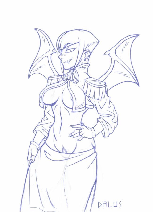 breasts dalus fang female open_shirt side_boob skimpy solo vampire wings