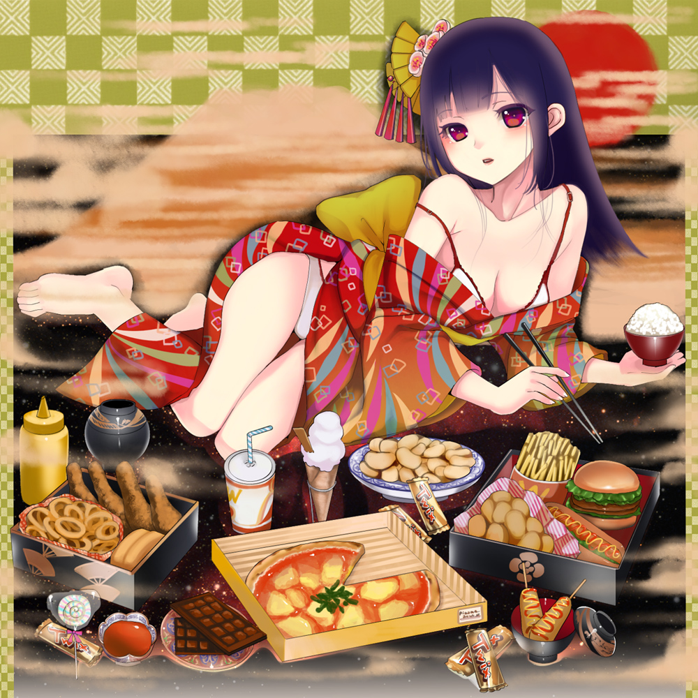 bad_id bad_pixiv_id bare_shoulders barefoot bowl bra breasts candy checkered checkered_background chicken_(food) chocolate chopsticks cleavage clothes_down cloud corndog drink egasumi fast_food feet food french_fries full_body hair_ornament hamburger hot_dog ice_cream japanese_clothes kimono lingerie lollipop long_hair lying medium_breasts mustard off_shoulder on_side onion_rings panties pizza purple_hair red_eyes red_sun rice rice_bowl solo strap_slip swirl_lollipop twix underwear yuuki_rika