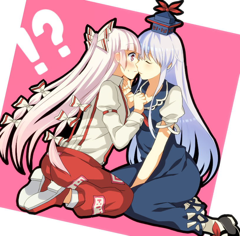 2girls blush chin_grab dress fujiwara_no_mokou garigarigari hat imminent_kiss kamishirasawa_keine kneeling long_hair multiple_girls pants red_eyes ribbon sitting suspenders touhou white_hair yuri