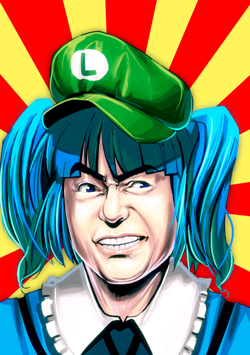 bad_id bad_pixiv_id blue_eyes blue_hair eyebrows hat katori_shingo kawashiro_nitori luigi macedonian_flag man_face mario_(series) masao solo sunburst super_mario_bros. touhou two_side_up