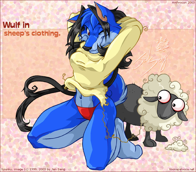 blue canine cute female jen_seng kneeling one_eye_closed sheep sheep's_clothing solo spunky sweater thong torn_clothing wink wolf wool