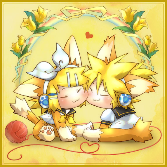 1girl :3 animal_ears brother_and_sister cat_ears cat_paws chibi furry heart kagamine_len kagamine_rin paws roman_knock short_hair siblings twins vocaloid