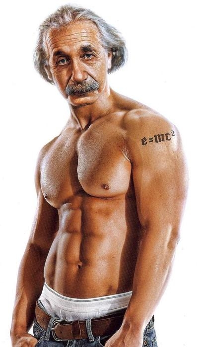 abs albert_einstein denim equation facial_hair gmc grey_hair jeans male_focus manly mustache old_man pants realistic solo tattoo