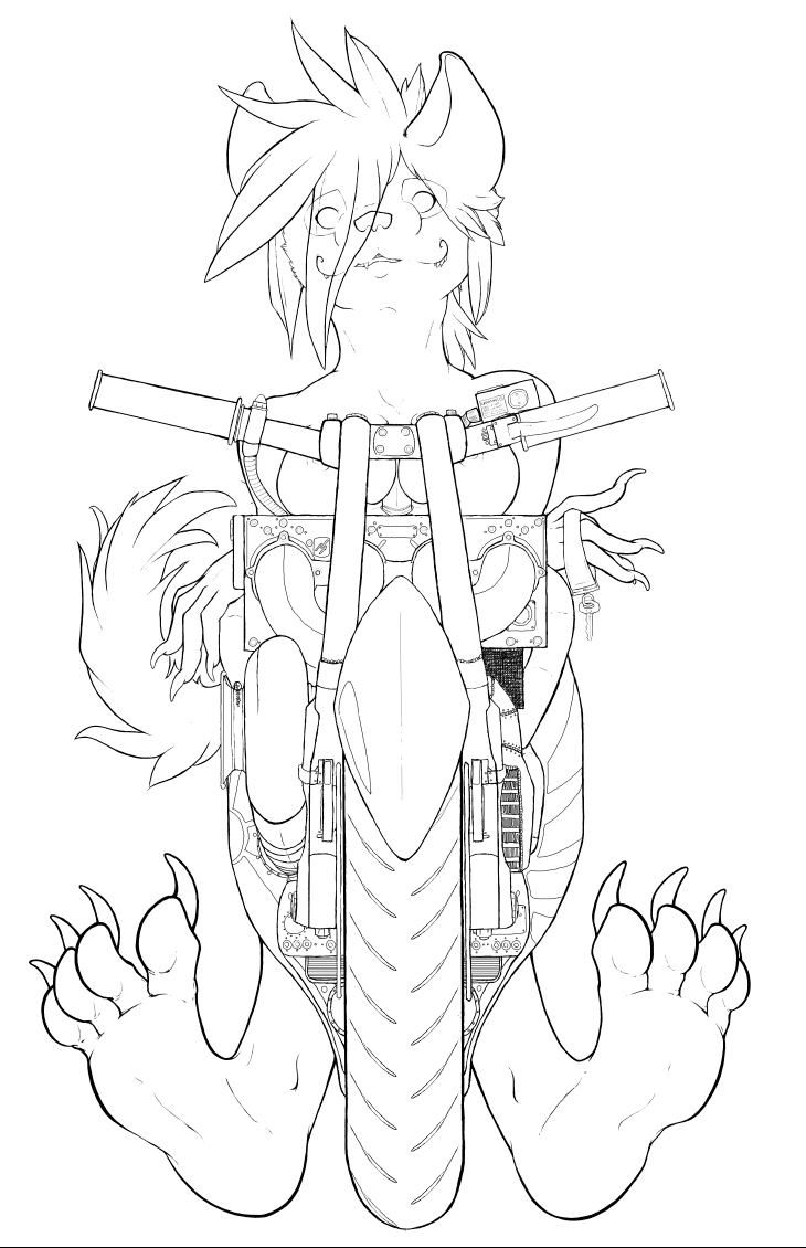 2009 aardy black_and_white breast_squish breasts claws covered female grin hair herro hyena key line_art looking_at_viewer monochrome motorcycle nipples nude short_hair solo tail