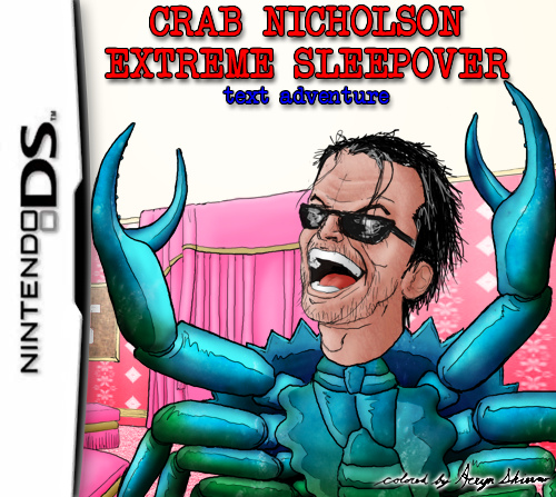 aeryn_skirrow badass black_hair blue blue_crab crab crab_nicholson crab_nicholson_extreme_sleepover glasses green hair human humour hybrid jack_nicholson male nintendo nintendo_ds open_mouth random short_black_hair short_hair solo standing sunglasses what