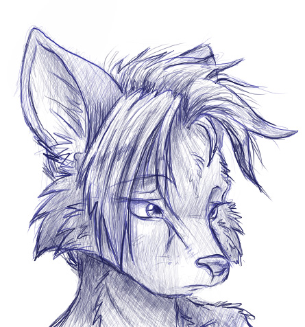 ambiguous_gender blue_and_white canine fox hair_over_eyes monochrome portrait sad sketch solo white_background zombiecat