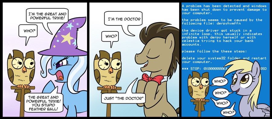amber_eyes angry blonde_hair bow_tie brown_hair bsod csimadmax derp derpy_hooves_(mlp) doctor_whoof_(mlp) equine female friendship_is_magic hair hat horse male my_little_pony owl owlicious_(mlp) pink_eyes pony smug the_doctor trixie_(mlp) white_hair