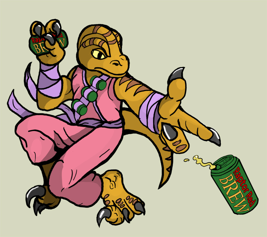 beer beverage craftyandy dinosaur lizard ninja pink pink_clothing raptor raptor_red red reptile scales scalie solo