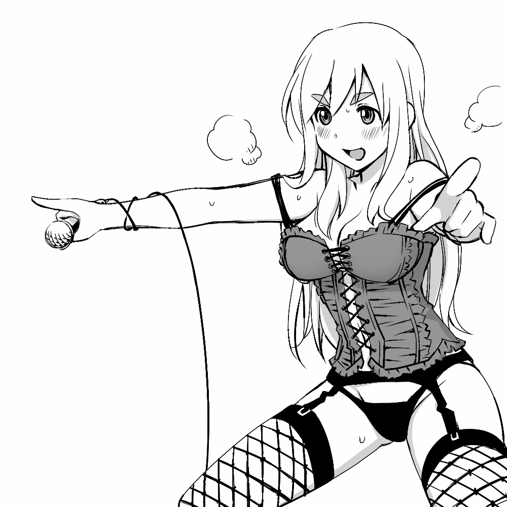 ass_visible_through_thighs blush breasts breath cherie_currie cleavage corset cosplay eyebrows face fishnets garter_belt greyscale k-on! kotobuki_tsumugi large_breasts lingerie long_hair matsui_celine microphone monochrome open_mouth outstretched_arms panties pointing runaways simple_background smile solo standing strap_slip sweat thick_eyebrows thighhighs underwear underwear_only white_background