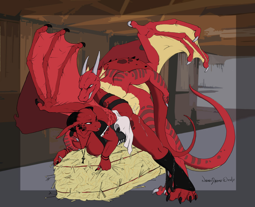 breasts claws dragon duo farm female hay hindpaw horn legwear maid maid_uniform male necrodrone necrodrone_(character) nude paws red_dragon scalie sex straight toeless_socks wings zala