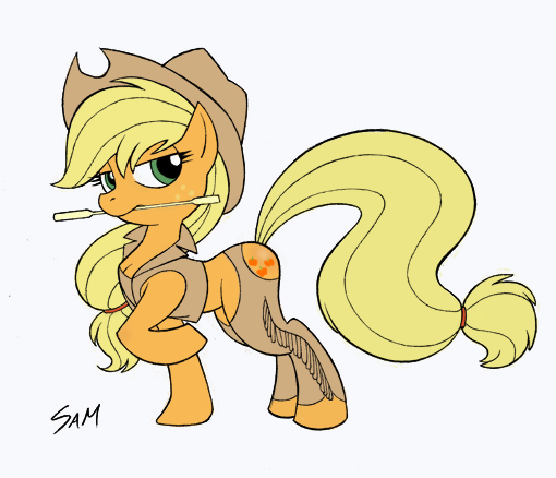 applejack_(mlp) assless_chaps blonde_hair equine female feral fluffy_tail freckles friendship_is_magic hair hat horse invalid_tag looking_at_viewer mammal my_little_pony orange_body plain_background pony pose sam_(artist) simone-sam solo unknown_artist white_background