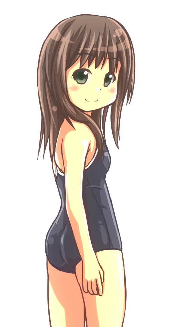 ass bad_id bad_pixiv_id brown_hair flat_chest green_eyes looking_back mumu_(mumunyan) one-piece_swimsuit original school_swimsuit short_hair smile solo swimsuit