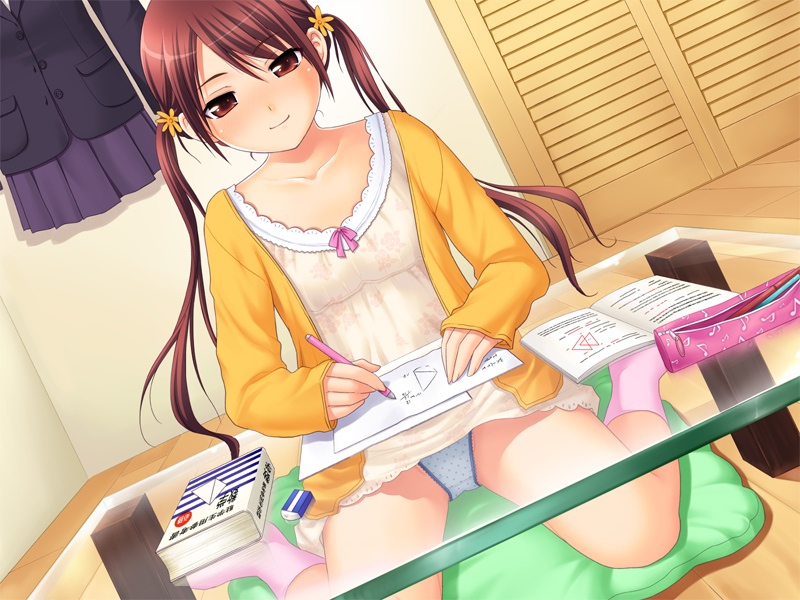 dress hayakawa_akane hayakawa_ayane homework nonohara_miki panties school_uniform shoukoujo sitting skirt smile twintails underwear