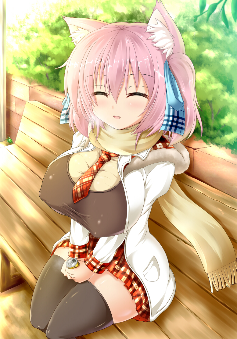 animal_ears bench black_legwear breasts breath can cat_ears closed_eyes coat commentary_request covered_nipples fang hair_ribbon huge_breasts necktie original pink_hair ribbon scarf shia_flatpaddy shirt short_hair sitting skirt solo syroh taut_clothes taut_shirt thighhighs v_arms