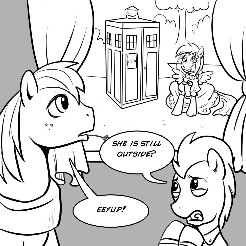 black_and_white curtains derp_eyes derpy_hooves_(mlp) dialog doctor_who doctor_whoof_(mlp) doctor_whooves_(mlp) earth_pony english_text equine eyup female feral freckles friendship_is_magic group gtfo horse madmax male mammal monochrome my_little_pony object_in_mouth open_mouth pegasus police_box pony stalker stalking tardis text wedding_dress window wings