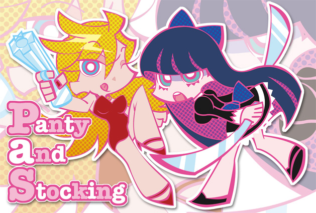 ;p back_lace gun one_eye_closed panty_&amp;_stocking_with_garterbelt panty_(character) panty_(psg) stocking_(character) stocking_(psg) stripes_i_&amp;_ii sword tongue tongue_out weapon wink