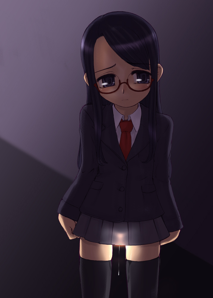 blazer blush glasses jacket naoki_(shibu_asa_ryo) original pussy_juice school_uniform see-through solo thighhighs