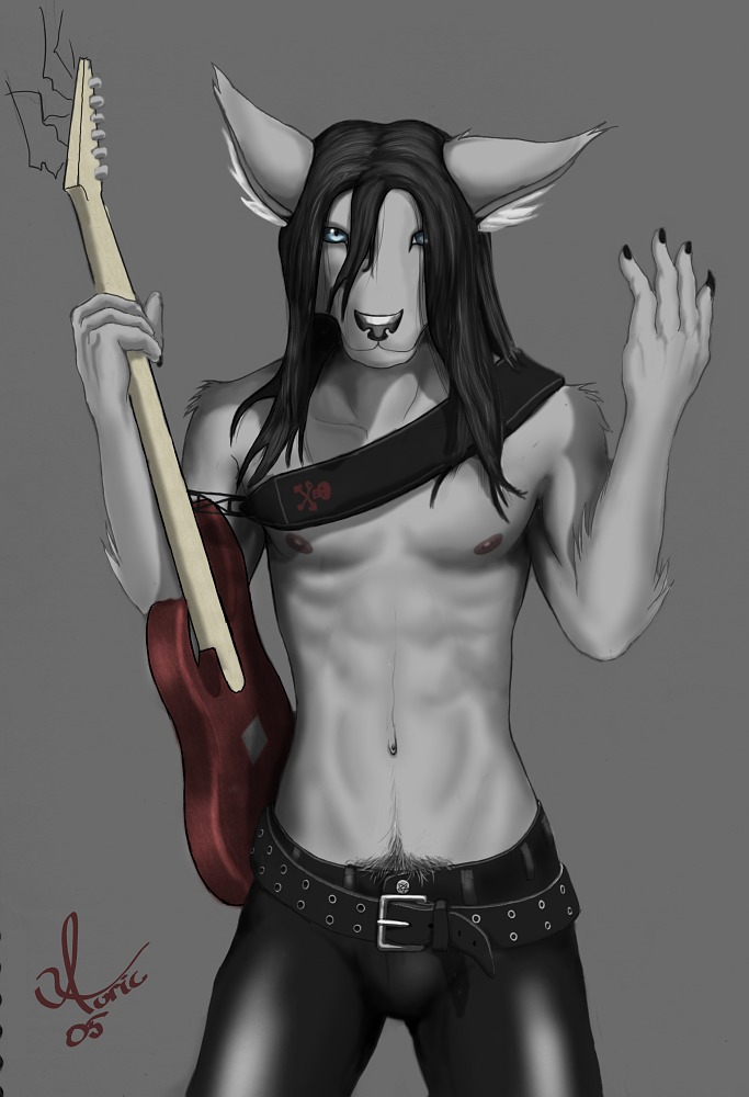 auric belt canine colored_background goth guitar hair happy_trail leather male navel nipples pubic_hair solo topless