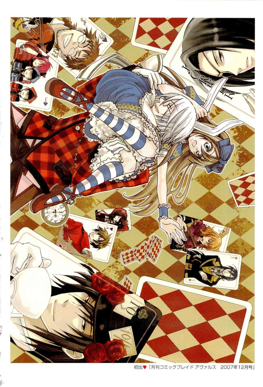 ace ace_(kuni_no_alice) alice_liddell animal_ears apron black_hair blonde_hair blood_dupre blue_dress blue_legwear boat boris_airay bow brown_hair bunny_ears card carrying cat_ears closed_eyes coat covering_ears crossed_arms cup dee_(kuni_no_alice) dress dum_(kuni_no_alice) elliot_march eyepatch flower glasses gloves green_eyes grin gun hair_bow hair_over_one_eye handgun hat heart_no_kuni_no_alice highres instrument joker julius_monrey kneehighs long_hair lying_card mary_gowland nightmare_gottschalk outstretched_arm peter_white pink_hair pistol plaid playing_card pocket_watch princess_carry queen reaching red_flower red_rose rose scan short_hair sideways silver_hair smile solo striped striped_legwear teacup tweedledee tweedledum violin vivaldi watch watercraft wavy_hair weapon white_gloves white_legwear wrist_cuffs