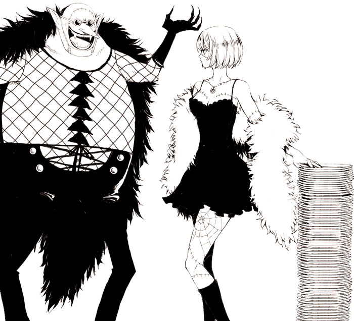 1girl doctor_hogback dress greyscale jewelry koma_kiri_aoko legs monochrome necklace one_piece plate pointy_ears scar sharp_teeth short_hair stitches sunglasses teeth victoria_cindry zombie