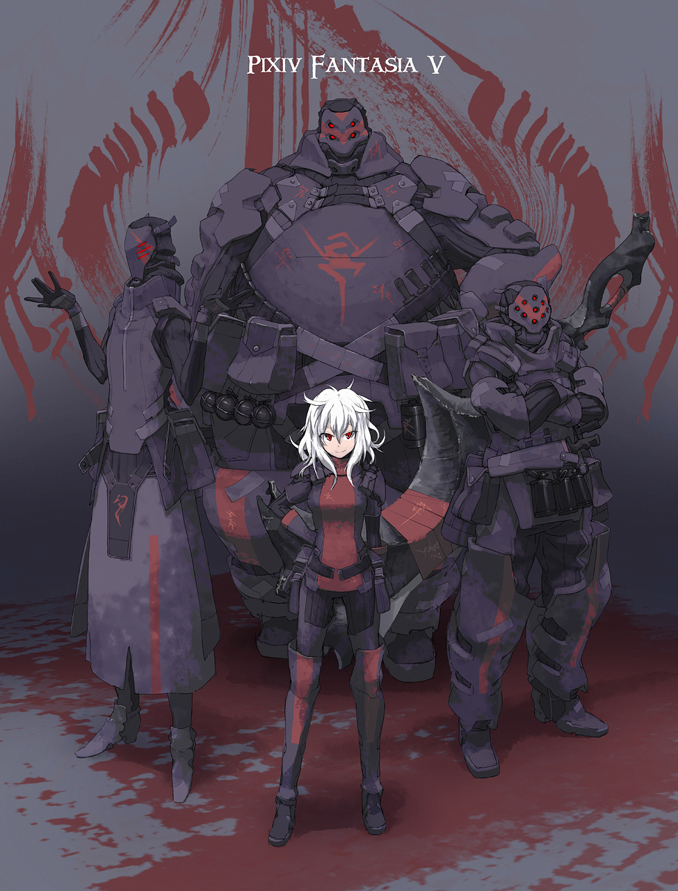 albino armor bevel_(pixiv_fantasia) breasts crossed_arms explosive flashbang grenade hand_on_hip height_difference helmet highres knife lambretta_(pixiv_fantasia) long_hair medium_breasts messy_hair military military_uniform pixiv_fantasia pixiv_fantasia_5 pouch red_eyes smile sword tsukuba_masahiro uniform weapon white_hair wola_(pixiv_fantasia) za_(pixiv_fantasia)