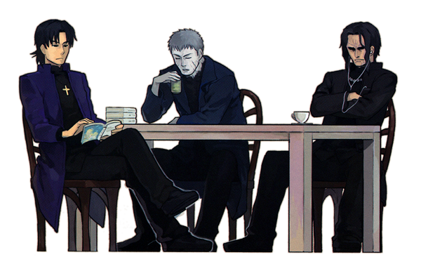 araya_souren book chair crossover cup earphones fate/stay_night fate_(series) kara_no_kyoukai kotomine_kirei melty_blood multiple_boys nakata_jouji nrvnqsr_chaos reading seiyuu_connection sitting table transparent_background tsukihime type-moon