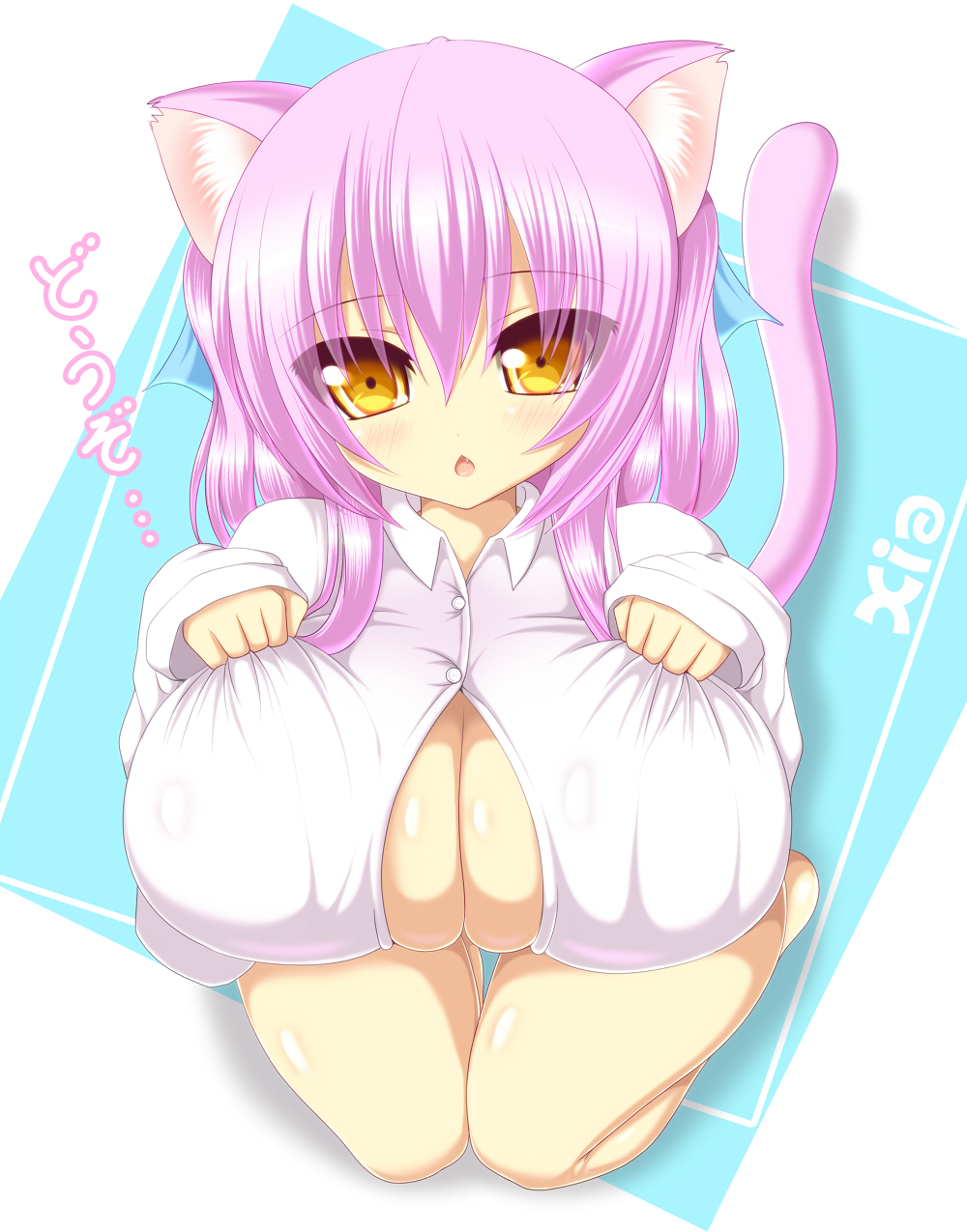 animal_ears blush breasts cat_ears cat_tail cleavage fang highres large_breasts neko purple_hair shia_(syroh) shia_flatpaddy syroh tail yellow_eyes