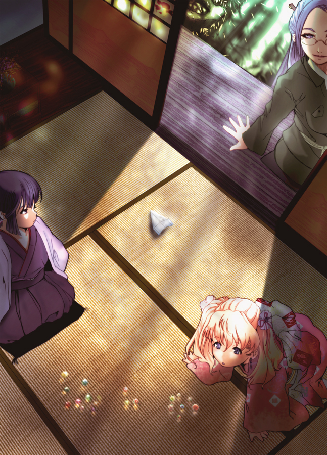 2girls blonde_hair blue_eyes child glasses grace_o'connor inugami_mokekiyo japanese_clothes macross macross_frontier marble multiple_girls paper_airplane purple_eyes purple_hair saotome_alto sheryl_nome tatami twintails veranda younger