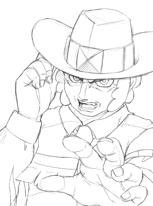 cowboy cowboy_hat greyscale hat hijirino_yuuta male_focus monochrome pokemon pokemon_(game) pokemon_bw shouting sketch solo western yacon_(pokemon)