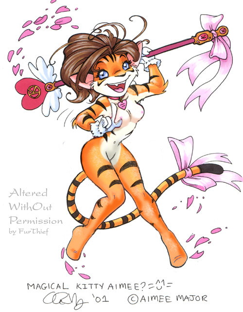 2001 aimee aimee_major breasts card_captor_sakura feline female fur_thief nude ribbons shopped solo tiger wand