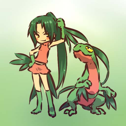 :3 gen_3_pokemon gloves green_hair grovyle hitec kneehighs midriff moemon personification pokemon pokemon_(creature) ponytail skirt v-shaped_eyebrows yellow_eyes