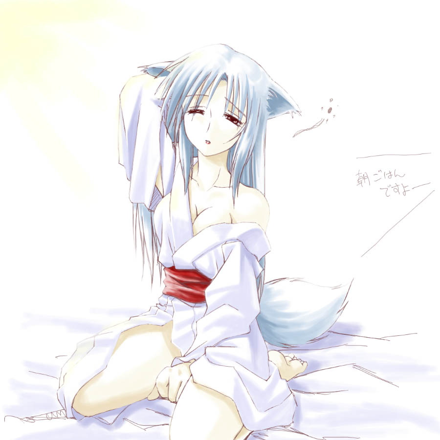 animal_ears bed canine eyes_closed female fox foxgirl gin_(character) hair hentai japanese_clothing japanese_text kemonomimi kitsunemimi kneeling long_hair long_white_hair solo stretching tail translated umekichi white_hair