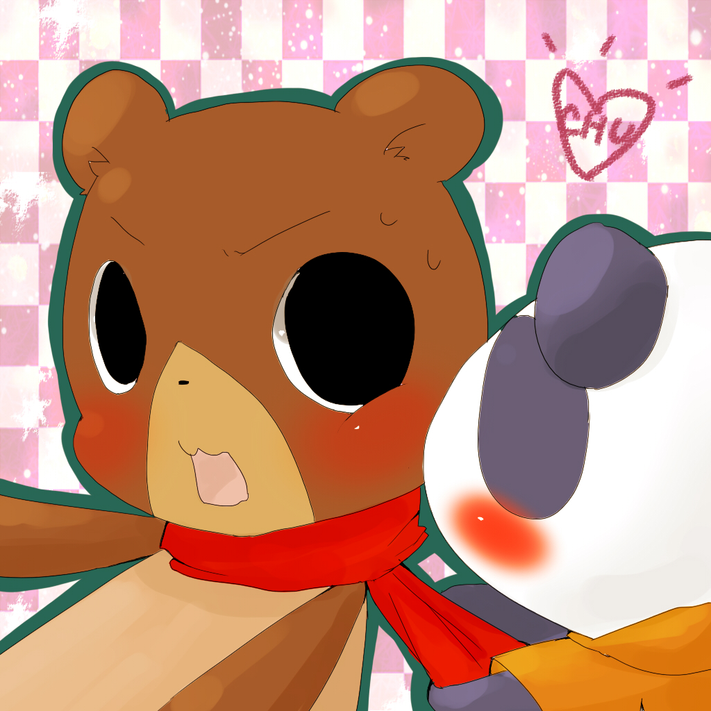 aniyoko bear black_eyes blush chu cute embarrassed gay issa kenta kissing male mammal panda pulling sankakuderuta scarf