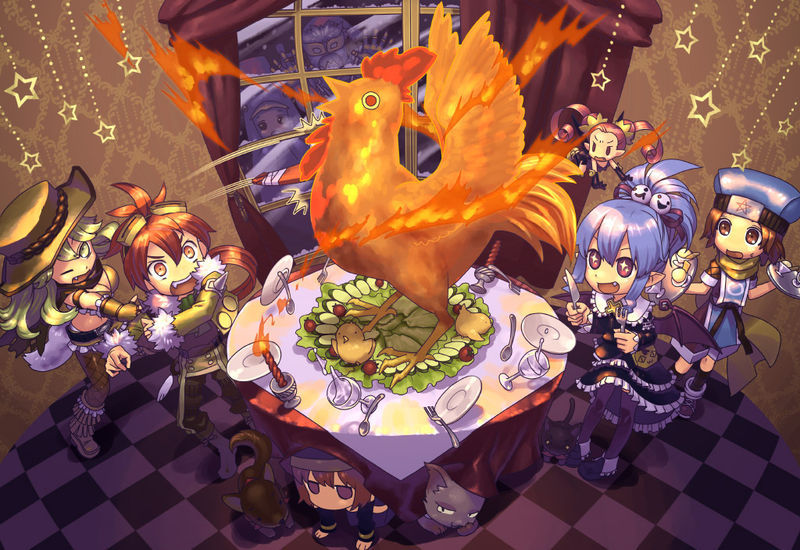 +_+ 6+girls alwen bird brown_hair candle cat chicken dog elf fire folk food gloves happy hat hiding indoors knife multiple_girls ninja odessa one_eye_closed open_mouth party pink_hair pointy_ears purple_hair ragna red_eyes red_hair smile star subaru table tail white_hair wings wolf_tail yellow_eyes zwei zwei_2