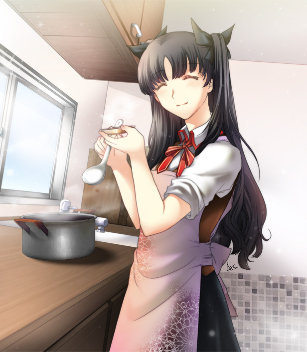 ^_^ apron artist_request blush brown_hair closed_eyes cooking fate/stay_night fate_(series) hair_ribbon ribbon sleeves_rolled_up solo spoon toosaka_rin two_side_up