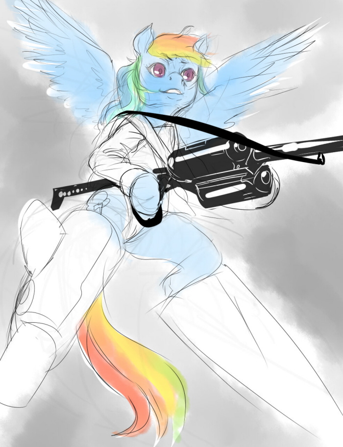 anthrofied crossover equine female friendship_is_magic gun hair horse mammal mg_42 multi-colored_hair my_little_pony nothing_is_sacred ottanta parody pegasus pink_eyes pony rainbow_dash_(mlp) rainbow_hair ranged_weapon solo strike_witches weapon wings