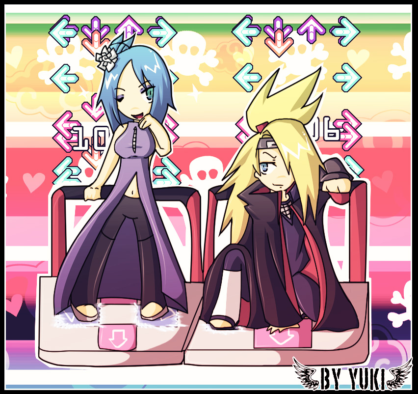 blonde_hair blue_hair chibi dance ddr deidara konan naruto