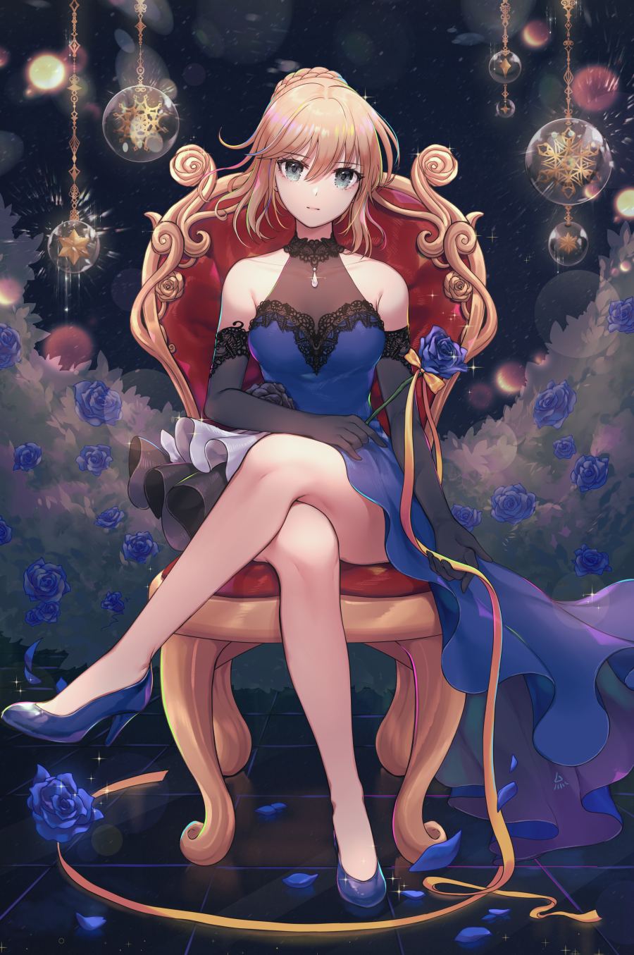 1girl artoria_pendragon_(all) bangs bare_legs bare_shoulders black_background black_gloves blue_dress blue_eyes blue_flower blue_footwear blue_rose braid breasts closed_mouth collarbone commentary dress elbow_gloves eyebrows_visible_through_hair fate/grand_order fate_(series) flower full_body glint gloves hair_between_eyes high_heels highres holding holding_flower legs_crossed lens_flare light_smile looking_at_viewer medium_breasts ozzingo ribbon rose saber short_hair sitting sleeveless sleeveless_dress solo sparkle symbol_commentary throne tile_floor tiles yellow_ribbon