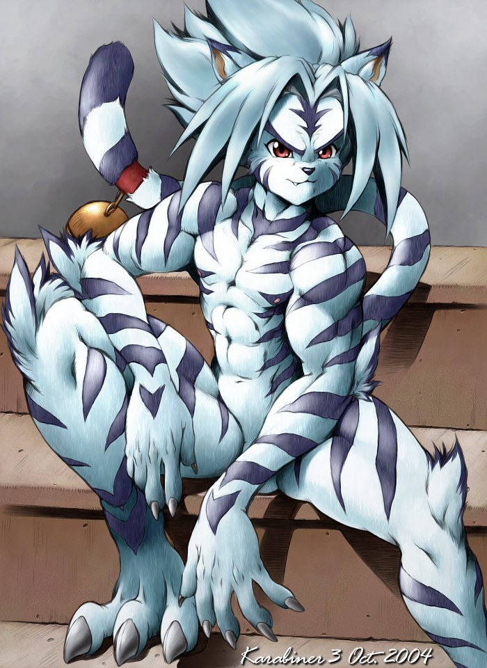 1boy animal_ears byakko_no_kogenta character_request claws fur furry karabiner male male_focus muscle nipples nude onmyou_taisenki red_eyes solo source_request tail