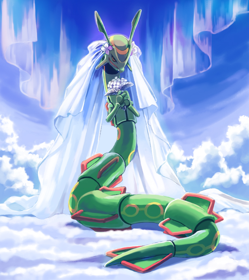 bouquet bridal_veil clothed_pokemon d-nezumi flower gen_3_pokemon no_humans pokemon pokemon_(creature) rayquaza sky solo veil