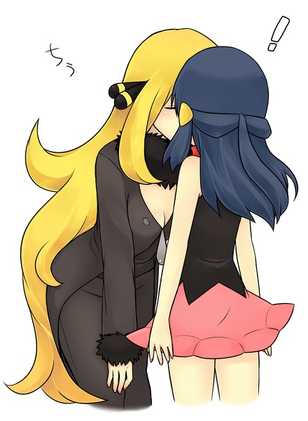 ! 2girls age_difference bare_shoulders blush breasts cleavage eyes_closed hikari_(pokemon) kiss long_hair multiple_girls pokemon shirona_(pokemon) simple_background skirt very_long_hair yuri