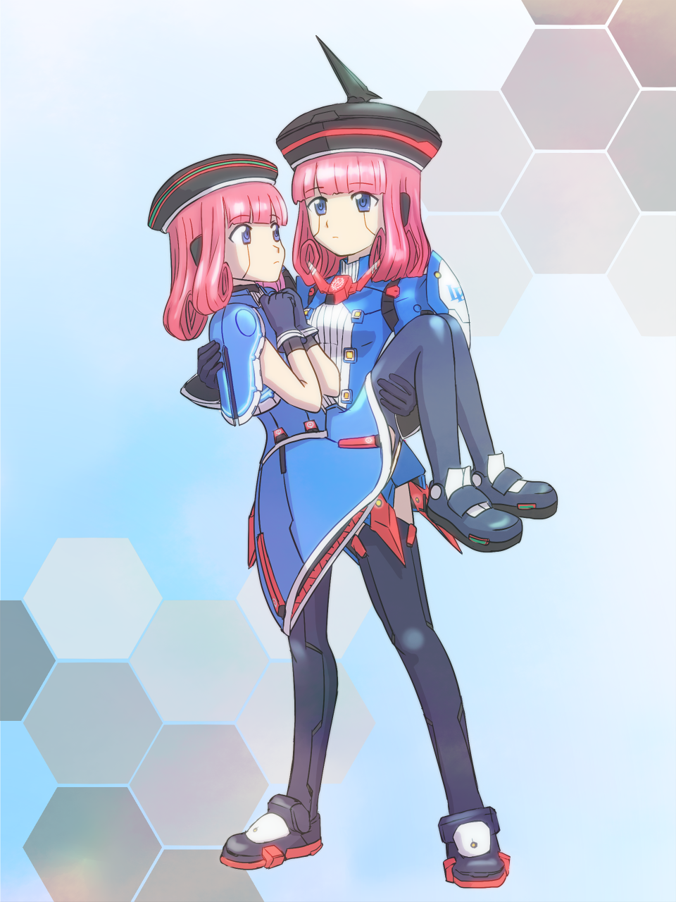 android black_gloves black_legwear blue_background blue_eyes blue_skirt bow carrying crossover curly_hair dual_persona expressionless frown full_body gloves hat height_difference highres honeycomb_(pattern) honeycomb_background looking_at_another lou_(phantasy_star) mary_janes migo multiple_girls phantasy_star phantasy_star_portable_2 phantasy_star_universe pink_hair princess_carry puffy_sleeves robot_ears science_fiction shoes short_hair short_sleeves shoulder_pads skirt standing thighhighs