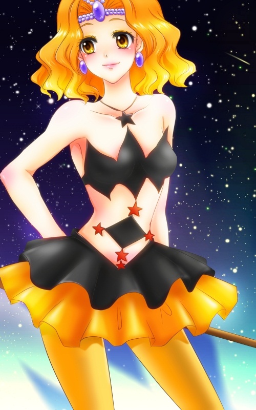 bangs bare_arms bare_shoulders bishoujo_senshi_sailor_moon blush brown_eyes earrings hand_on_hip jewelry kiraki lipstick makeup midriff mimete_(sailor_moon) necklace orange_hair orange_legwear orange_skirt pantyhose parted_bangs short_hair skirt sky smile solo space star star_(sky) starry_sky tiara witches_5