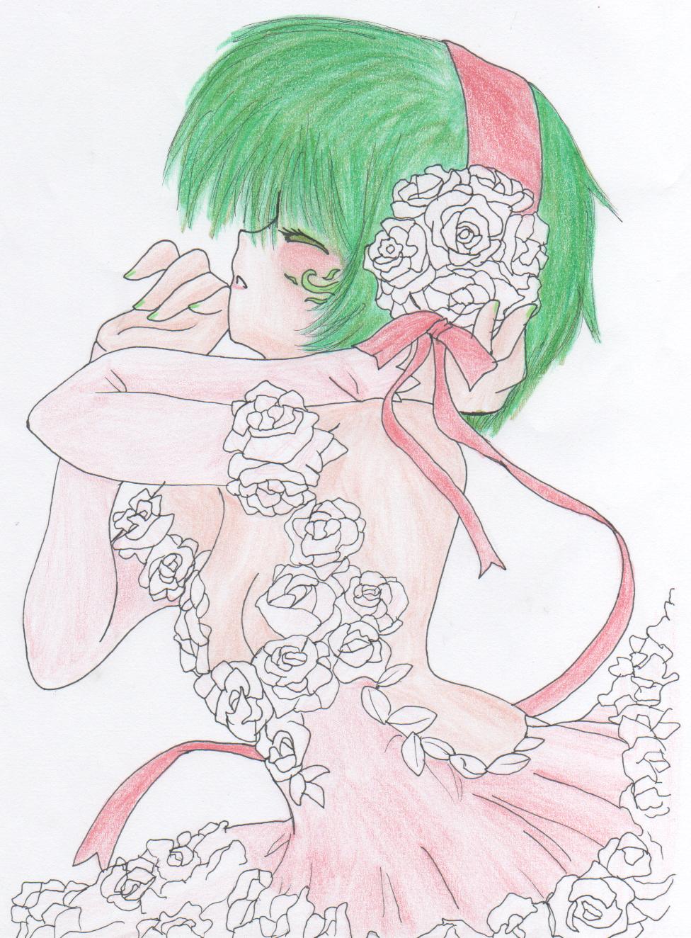 bow breasts cleavage clothed clothing dress eyes_closed female flower green_hair greenhair hair human mammal midorikazeneko not_furry plain_background pose ribbons rose solo white_background